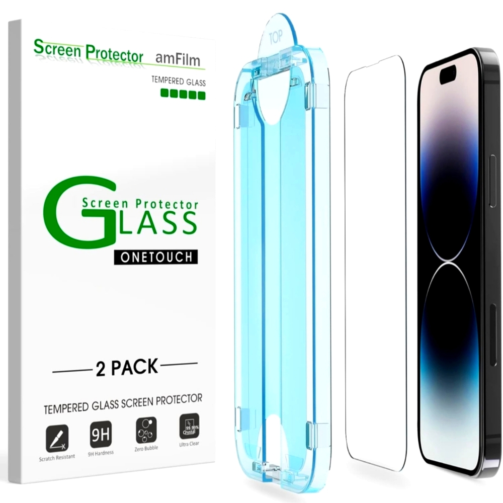 amFilm OneTouch Tempered Glass Screen Protector 2-Pack for iPhone 14 Pro Max